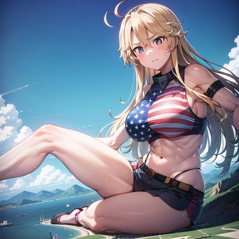 1girl, Young adult woman, Tall, Blonde long straight hair, Ahoge, Beautiful model, Shiny body, Huge breasts ,,usa flag micro glossy's bikini ,summer seaside beach ,sunshine , crotch groove, sleeping style,spread legs