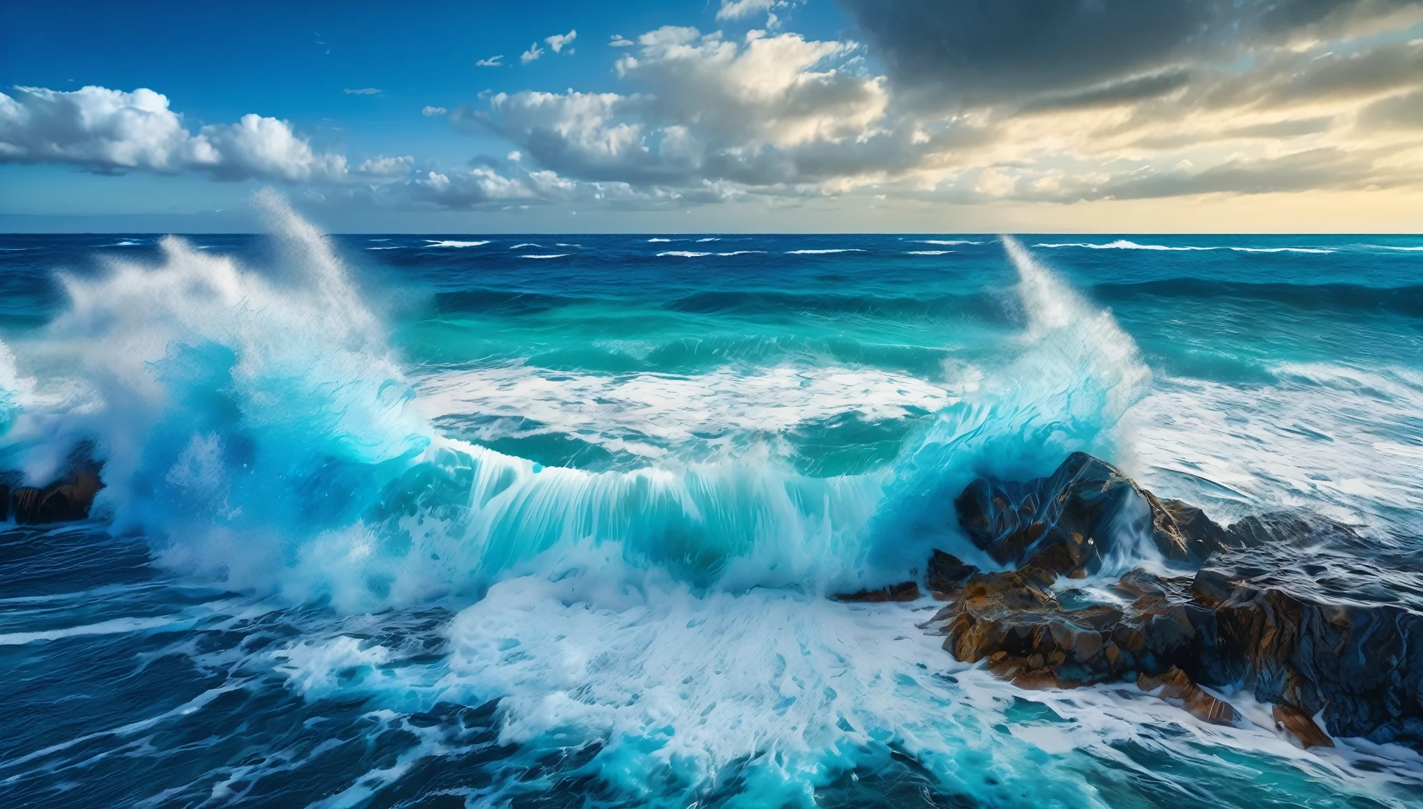 arafed view of a blue ocean with blue waves crashing, chaotic sea setting, breathtaking composition, beautiful sea landscapes, stunning ocean, magnificent background, beautiful background, beautiful dreamy breathtaking, beautiful blue ocean