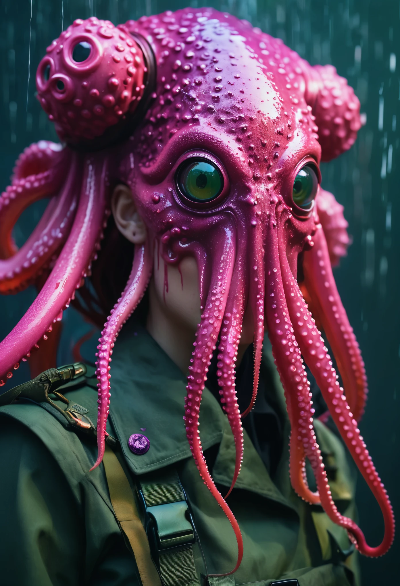 8K, ARTISTIC photogrAphy, best quAlity, mAsterpiece: 1.2), A (potrAit:1.2) witch BLOOD Cthulhu SOLDIER, EYES, PINK many octopus style tentacles, full body RAW candid cinema, red hair, 16mm, color graded portra 400 film, remarkable color, ultra realistic, sad admosphere, dark lighting, oppressive atmosphere, depressive colors, kodak portra 400, photograph,r, Natural Light, Pinhead lighgts, blur reflection, Brush Strokes, Smooth, abstract, Splatter, Oil On Canvas, rainbow colors, fractal isometrics details bioluminescens : a stunning realistic photograph of wet bone structure, 3d render, octane render, intricately detailed, titanium decorative headdress, cinematic, trending on artstation | Isometric | Centered