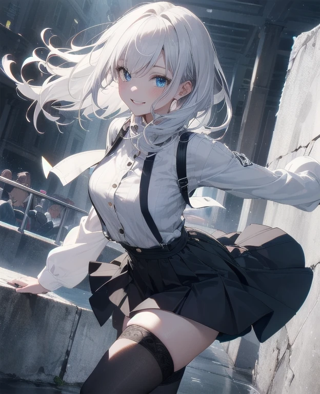 (Masterpiece, Best quality, ultra high resolution), 1 girl, Silver hair, Pale skin, Beautiful detailed face, Detailed eyes, posing on a, On a white background, Dynamic lighting, dynamic shadowing, looking at viewer, White stone punk fashion,(Posing for a photo),((White clothes)), (((black thigh highs))), jean shorts, skirt, white sweater, ((Blue eyes)), happy, smiling, black straps, black strap design