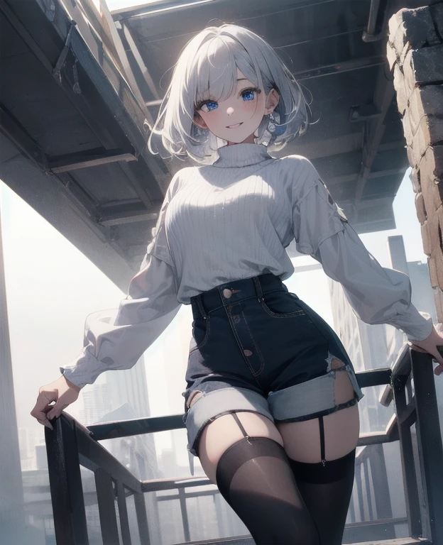 (Masterpiece, Best quality, ultra high resolution), 1 girl, Silver hair, Pale skin, Beautiful detailed face, Detailed eyes, posing on a, On a white background, Dynamic lighting, dynamic shadowing, looking at viewer, White stone punk fashion,(Posing for a photo),((White clothes)), (((black thigh highs))), jean shorts, skirt, white sweater, ((Blue eyes)), happy, smiling, black straps, black strap design