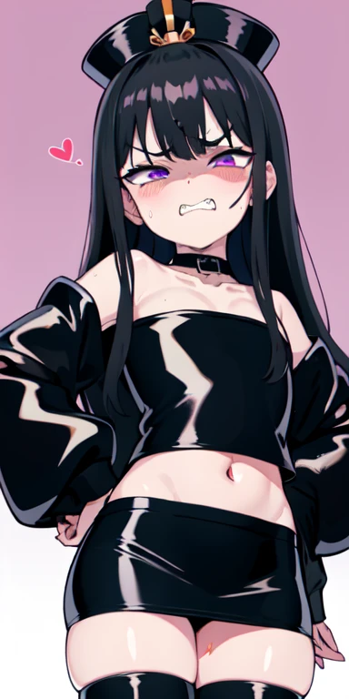 1 girl,heart-shaped pupils,hand on hip ,(black hair), (purple eyes), long hair, (((long hime hair))) (blush:1.1), Upper body, trembling, Sweat, Sweatdrop, heart, (speed line:1.1), ((Flat milk)), ((heavy breathing:1.3)), annoyed, angry look, Yandere, ((LOLI)), evil, open your mouth, ((jagged teeth)), small breasts, (Black military cap), ((black jacket)), off shoulder, ((shiny latex black tube top)), ((strapless)), shiny, ((mini pencil skirt)), cowboy shot, ((hime hair)), hime cut, hime haircut, hime style, black off shoulder jacket, no extra hair