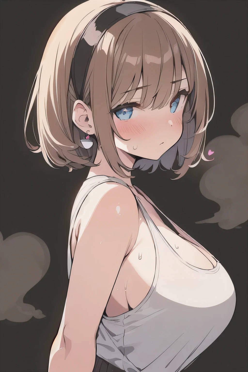 (best quality), (Super detailed), (Best Illustration), (woman), look at viewer, from side, (tank top), (large Breasts:1.2), {brown hair, (bob cut:1.2), curly hair, hairs between eyes}, {(detailed eyes), heart-shaped pupils, blue eyes}, blush, sweat, steam, earrings, (hairband),