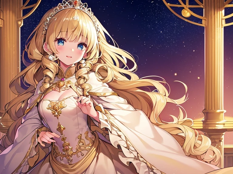 (kawaii),(best quality),(ultra detailed),(rococo style),(long train beige cape:1.15), very long cape,(long train beige ball gown with flower decorations), a girl is wearing a cape over her gown, 1 little princess, tiara with blue jewelry, smile, very long hair, small breasts, beautiful detailed eyes, beautiful detailed lips