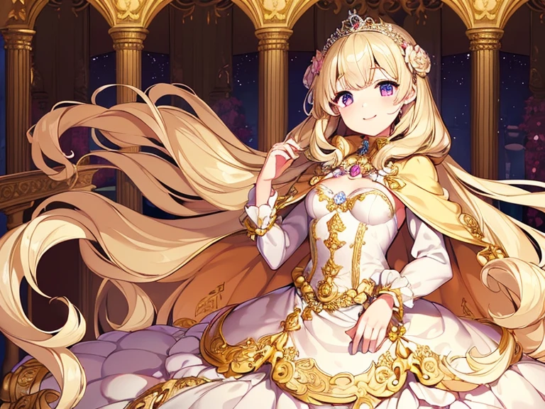 (kawaii),(best quality),(ultra detailed),(rococo style),(long train beige cape:1.15), very long cape,(long train beige ball gown with flower decorations), a girl is wearing a cape over her gown, 1 little princess, tiara with blue jewelry, smile, very long hair, small breasts, beautiful detailed eyes, beautiful detailed lips