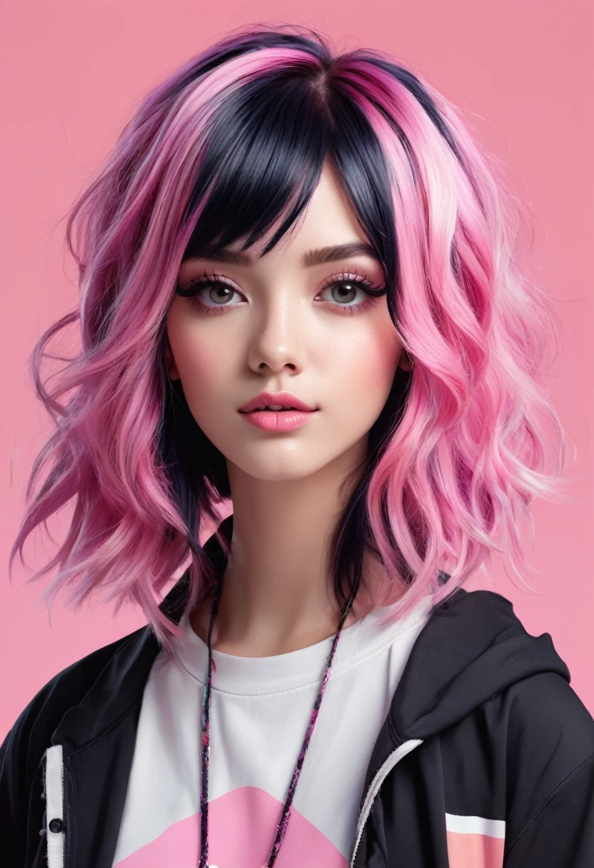 (), girl with a beautiful face, black and pink hair, defined details, messy school clothes, looking at the camera, "Generate an illustration in a style that blends organic shapes with geometric patterns, emphasizing vibrant colors and dynamic compositions."