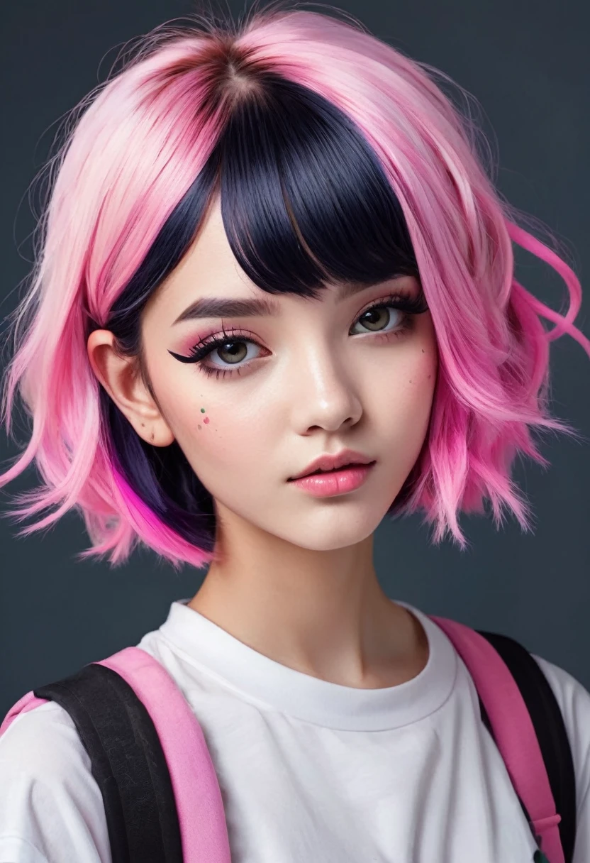 (), girl with a beautiful face, black and pink hair, defined details, messy school clothes, looking at the camera, "Generate an illustration in a style that blends organic shapes with geometric patterns, emphasizing vibrant colors and dynamic compositions."