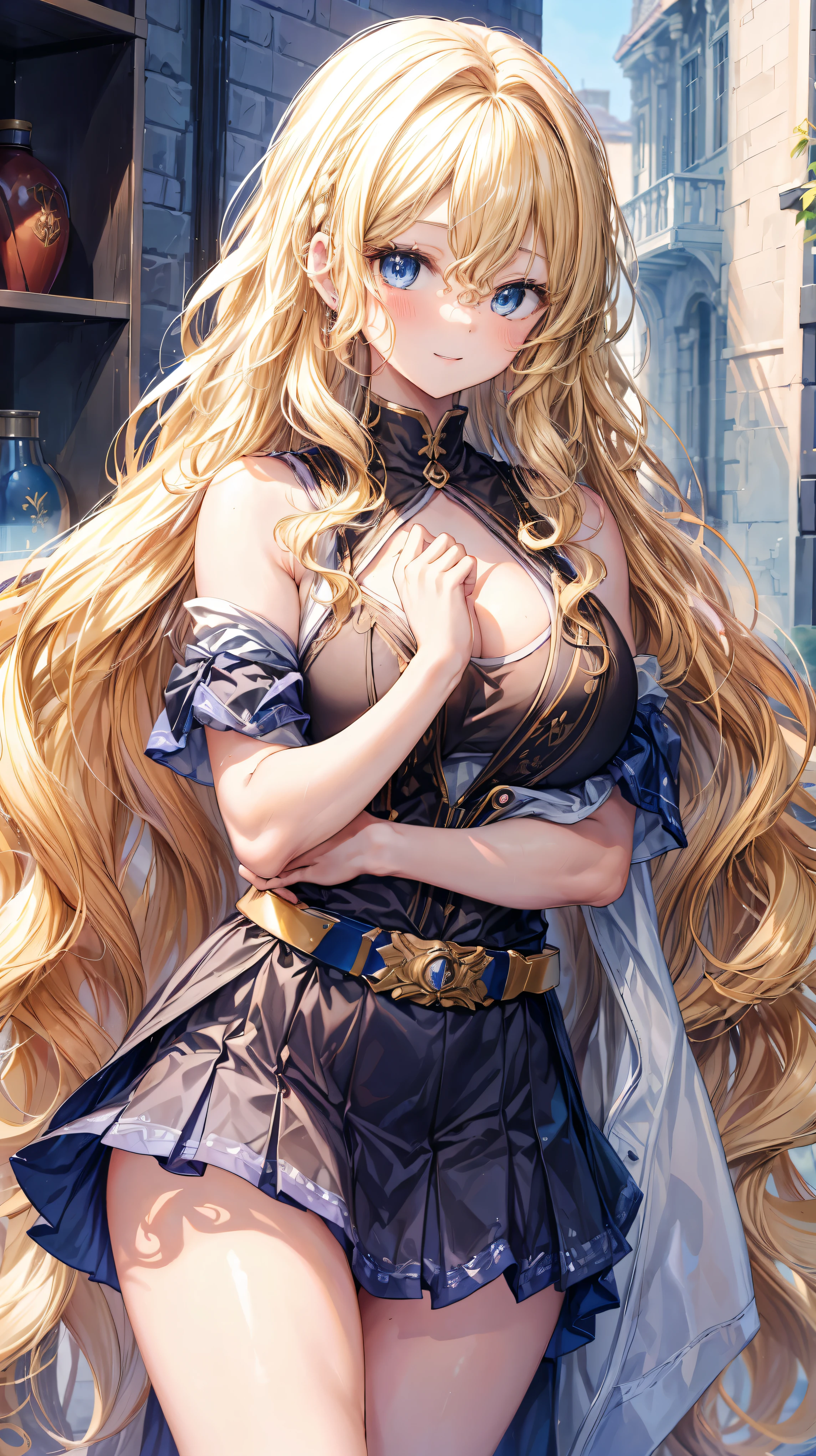 Very detailed、highest quality、Best image quality、masterpiece、8k、Anime Face、A kind smile、Open your mouth、Sparkling blue eyes、(Blonde wavy hair:1.5)、、Muscles of the whole body、Hands on hipini skirt、camisole、Thigh belt