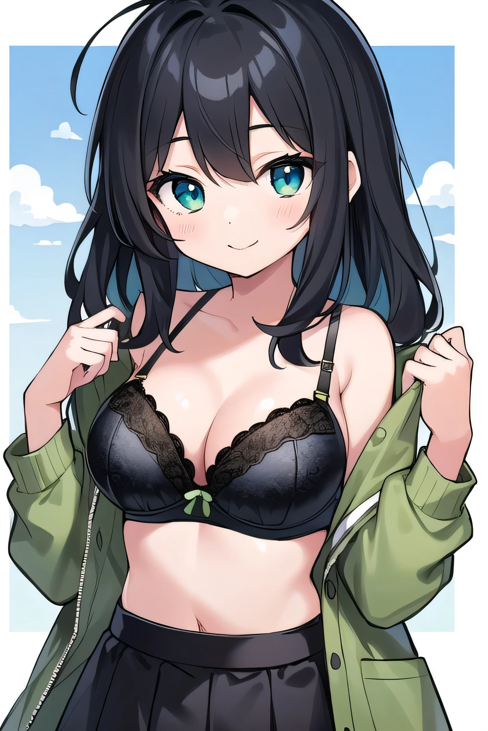 Junior high school student who looks like an elementary school student, , very short, 140 cm tall, black hair with a slight green tinge, short ahoge, beautiful long hair but with a little hair sticking out, beautiful round eyes, blue eyes, smile, boyish, long sleeves, Thick clothes, skirt, big breasts, hair longer than waist, long hair, childish face, gentle smile, a little shy, black skirt, black hair with a slight green tinge, boyish, gentle smile, jacket one size larger, ( Deep greenish black hair: 1.3),(her bra is visible:1.2)