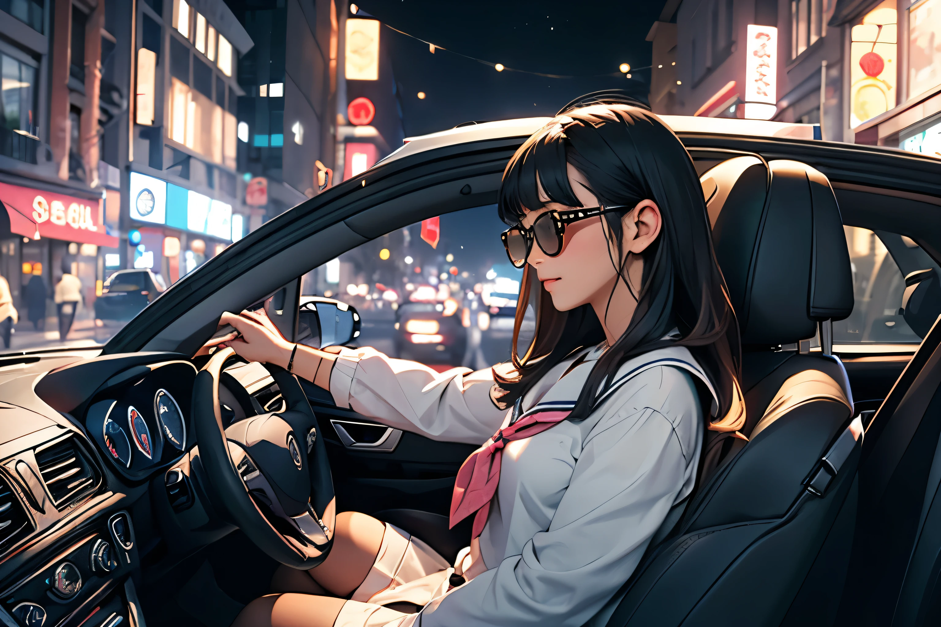 (at night),(Two persons),(girl and youngman),(two people in a car), (a foreign car), In a busy downtown area at night, while passersby are bustling about, a middle school girl in a sailor uniform is riding in a foreign car driven by a man wearing sunglasses and an Hawaiian shirt, sticking her head out of the passenger seat and looking out at the street. 