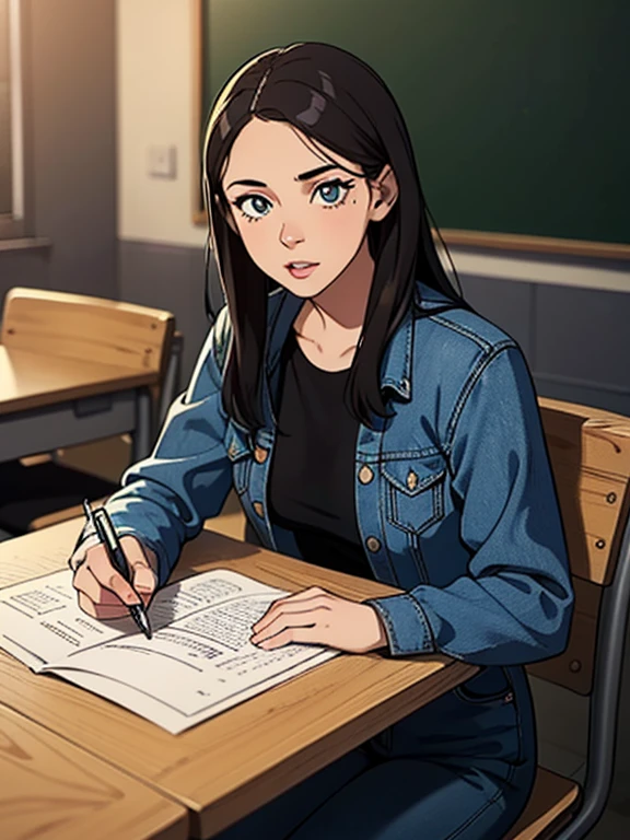 A regular girl in jeans and t-shirt and a worn-out denim jacket, sitting in a college class, is the main subject of the artwork. The girl has beautiful detailed eyes, beautiful detailed lips, and an extremely detailed face. She has long eyelashes that enhance her expression. The artwork is created using the medium of oil painting, which gives it a rich texture and depth. The painting is of the highest quality, with a resolution of 4k or 8k, and is ultra-detailed and realistic. The lighting in the painting is done in a studio style, with sharp focus and vivid colors. The overall color tone of the artwork is warm and inviting. The scene is set in a college classroom with other students and a blackboard in the background. The girl is seen attentively listening to the professor and taking notes. The artwork captures the essence of a college student's life and the pursuit of knowledge.