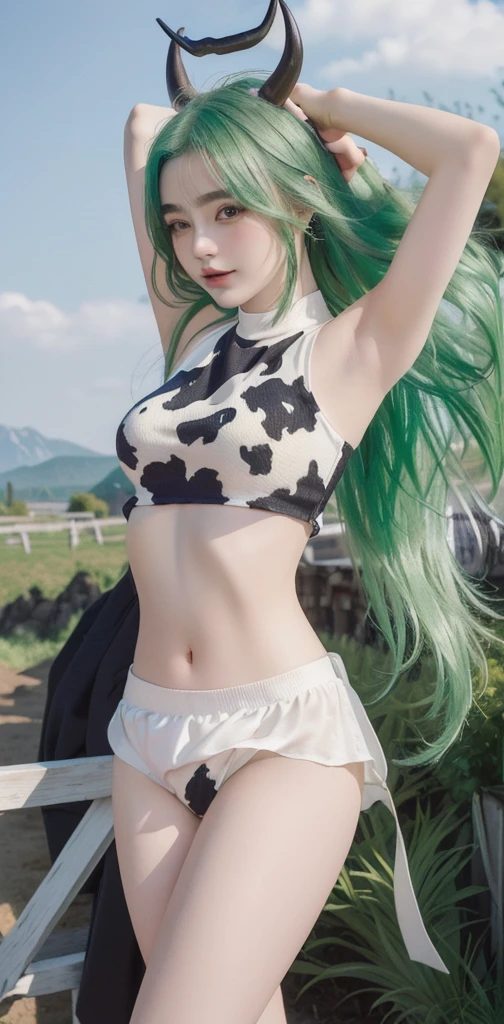 a white girl with green hair, black white mini crop top, black white panties, very small cow horns in hair, masterpiece, 16k photography, cosplayer, tarankaaa, cow print clothes, cow print panties, village background, hands behind her head, arms up
