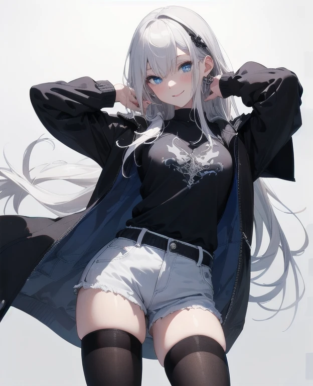 (Masterpiece, Best quality, ultra high resolution), 1 girl, Silver hair, Pale skin, Beautiful detailed face, Detailed eyes, posing on a, On a white background, Dynamic lighting, dynamic shadowing, looking at viewer, White stone punk fashion,(Posing for a photo),((White clothes)), (((black thigh highs))), jean shorts, skirt, white sweater, ((Blue eyes)), happy, smiling, black straps, black strap design, ((Long white hair))