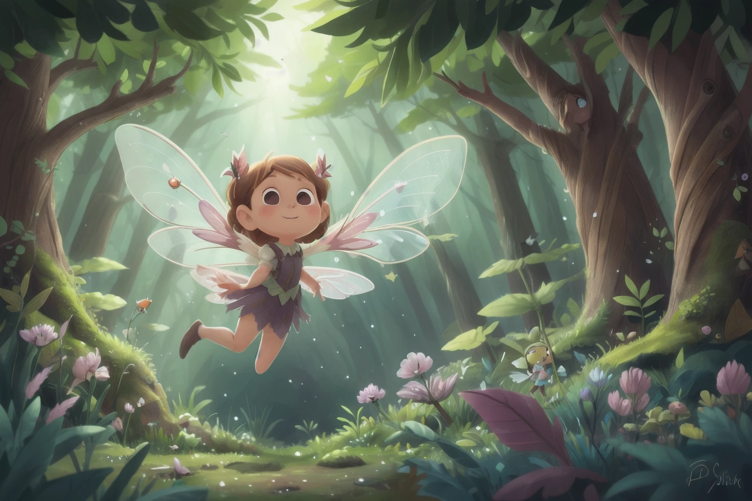 A fairy flying around in a forest