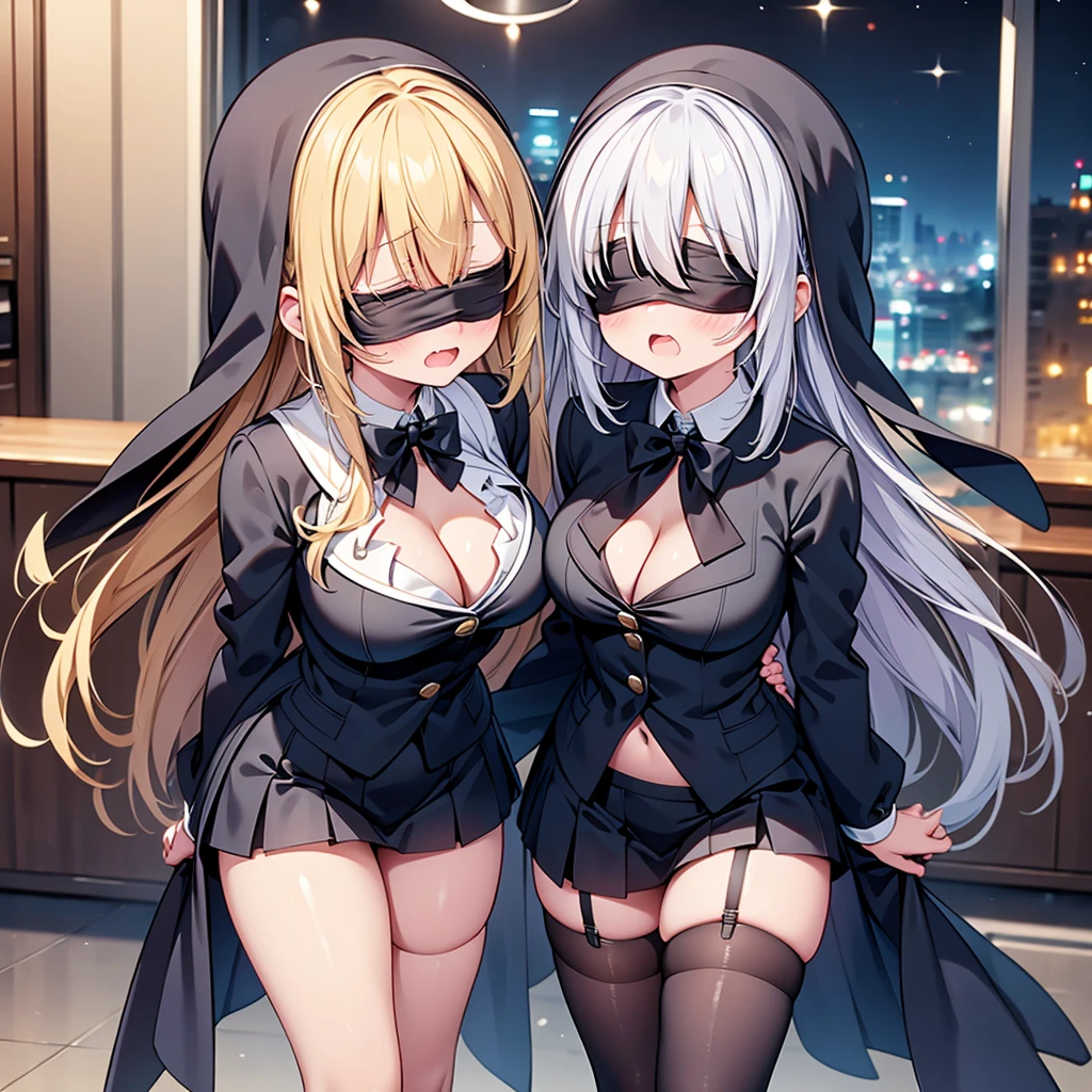 (cute eyes:1.2), (sparkling eyes:1.2), highest quality,wonderful,finely,extremely detailed CG Unity 8K wallpaper, (Stand in line:1.2), (3 girls, very long hair, clothed), (nun :1.1), (cleavage cutout), (midium breasts), (open mouth:1.1), (long tongue:1.1), (mouth drool:1.1), (black stockings:1.1),(Thighs:1.1),(Waistline:1.1),(black blindfold, blindfold:1.5)