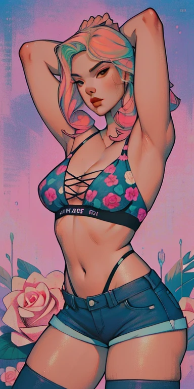 Background, In chic boho style, in a cafe, Ice cream print, multi-colored neon lights, neon garlands, rose hair, mixed-language_SMS, Japanese graffiti, (beautiful and clear background:1.2),, fantastic paintings ,graffit style, highly detail eyes , underwear, lace, latex, Pink, Purple, mint, Blue, Yellow, belve, lavender hair, Skull Print, skull tattoo, Loving, Love, ultra detail hair, Masterpiece, Best Quality, highly quality, A high resolution, detail enhancement, ((most beautiful image in the world)), Masterpiece, Best Quality, highly quality, A high resolution, detail enhancement, ((most beautiful image ), Shiny pink degrade hair, ultra short fitted Stampa Flores, Rollers, fishnet pantyhose, short denim shorts, art by stjepan sejic, art by j scott campbell, Artist Guillem March, art by citemer liu, 4k, A high resolution, comic book character, comic, high quality detailed, style of ::2.0 comix illustration style,tatoon style, highly quality, A high resolution, detail enhancement, 8K, HD, Best Quality, highly quality, A high resolution, detail enhancement, 8K, HDR, sharp-focus, Ultra Detailed, perfect lighting, Curvy Body, Lush breasts, Curvy hips
