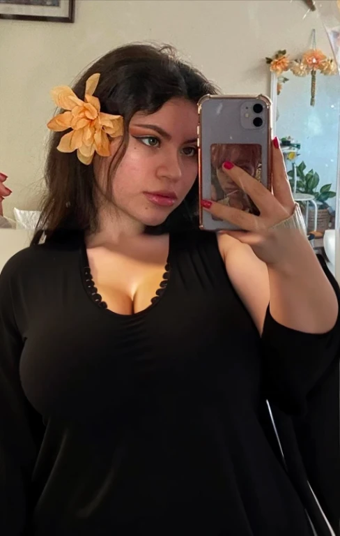 there is a full body of a woman taking a picture of herself with her cell phone, very very low quality picture, flower in her hair, headshot profile picture, selfie of a young woman, low quality photo, lily frank, her face looks like an orchid, Big tits, huge , no clothes, sexy, cute, minimal clothes, thick, bbw, chubby stomach, thick nipples, nipple piercings, large areola, hard nipples, piercing through shirt, nipples hard through shirt, busty, major cleavage, naked, ripping through top, spilling over sides, bra too tight, giant , extra wide hips, upper body zoom in, showing off huge , fat stomach, see through top, fat bbw, large areola showing, major cleavage, latina, down to stomach, wide hips, sexy, upper body zoom, showing off , top half only, showing only upper, showing off cleavage, shown down to hips, extended background, no empty space in background, fill all pixels, nude girl in bedroom, wearing only a bra, nude, naked, background extended