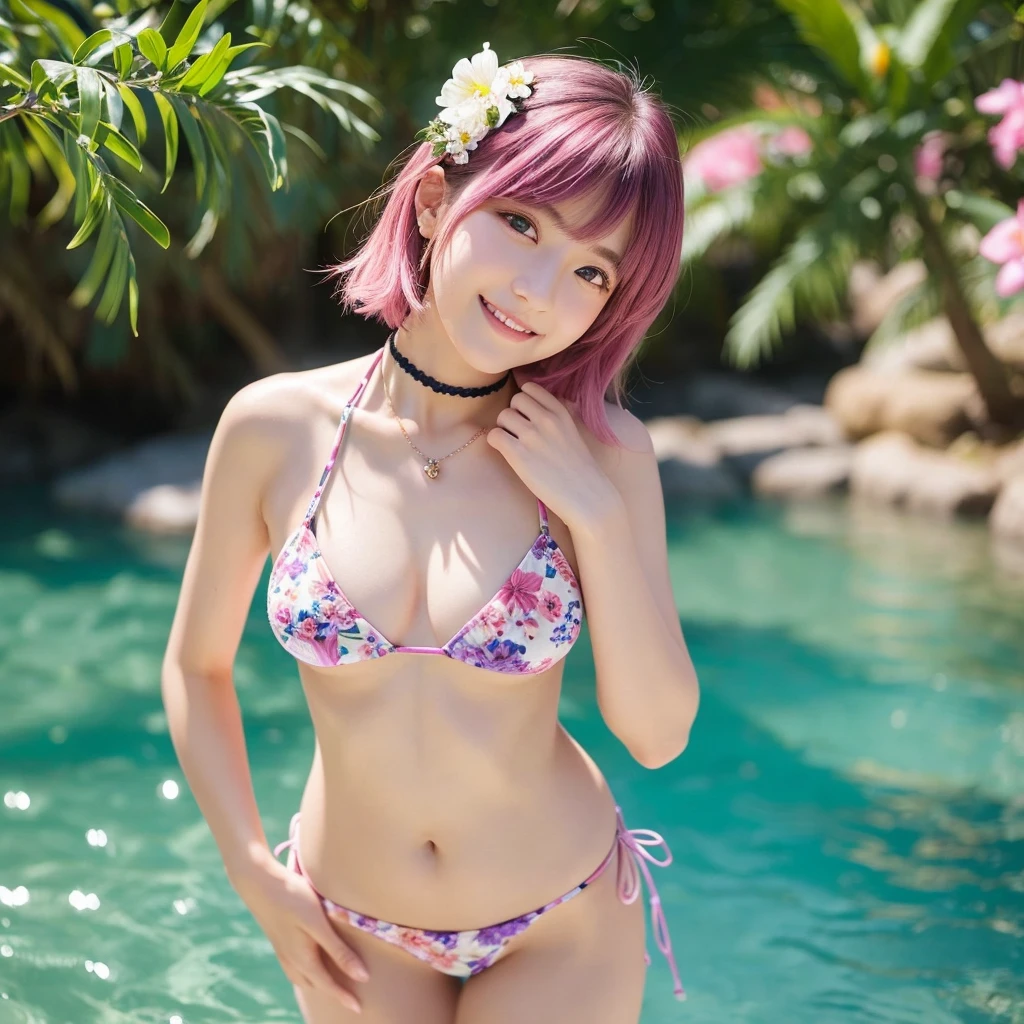 (masterpiece:1.2, highest quality)、 (Ultra delicate)、Girl、one person、 、cute、(((Cowboy Shot)))、((Floral micro bikini))、Black choker and heart ornament、Pink Hair、Purple eyes、Short Bob、hair ornaments、Big eyes、smile、blush、The look of temptation、D cup bust、Thighs、Ocean、Ocean岸、null、summer、sunlight、looking at the camera、Background Blur、