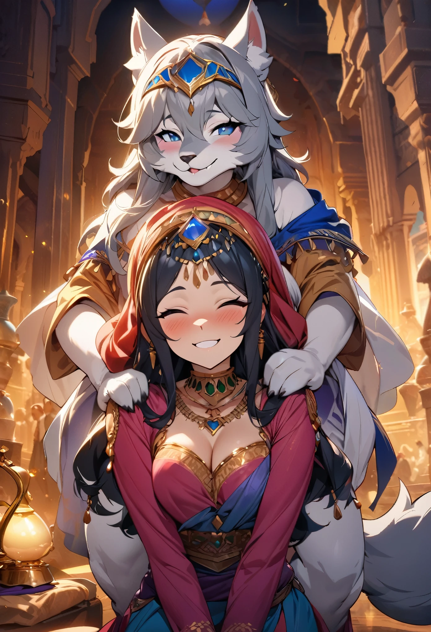 movie poster, highres, top quality, best quality, paid reward available, unparalleled masterpiece, perfect artwork, absurdres, High-quality illustrations, super high resolution, detailed background, perfect anatomy(1girl, 1boy, couple, kemono, furry anthro, fearless smile, Arab national costume, hugs from behind, love romance)Aladdin and the magic lamp,