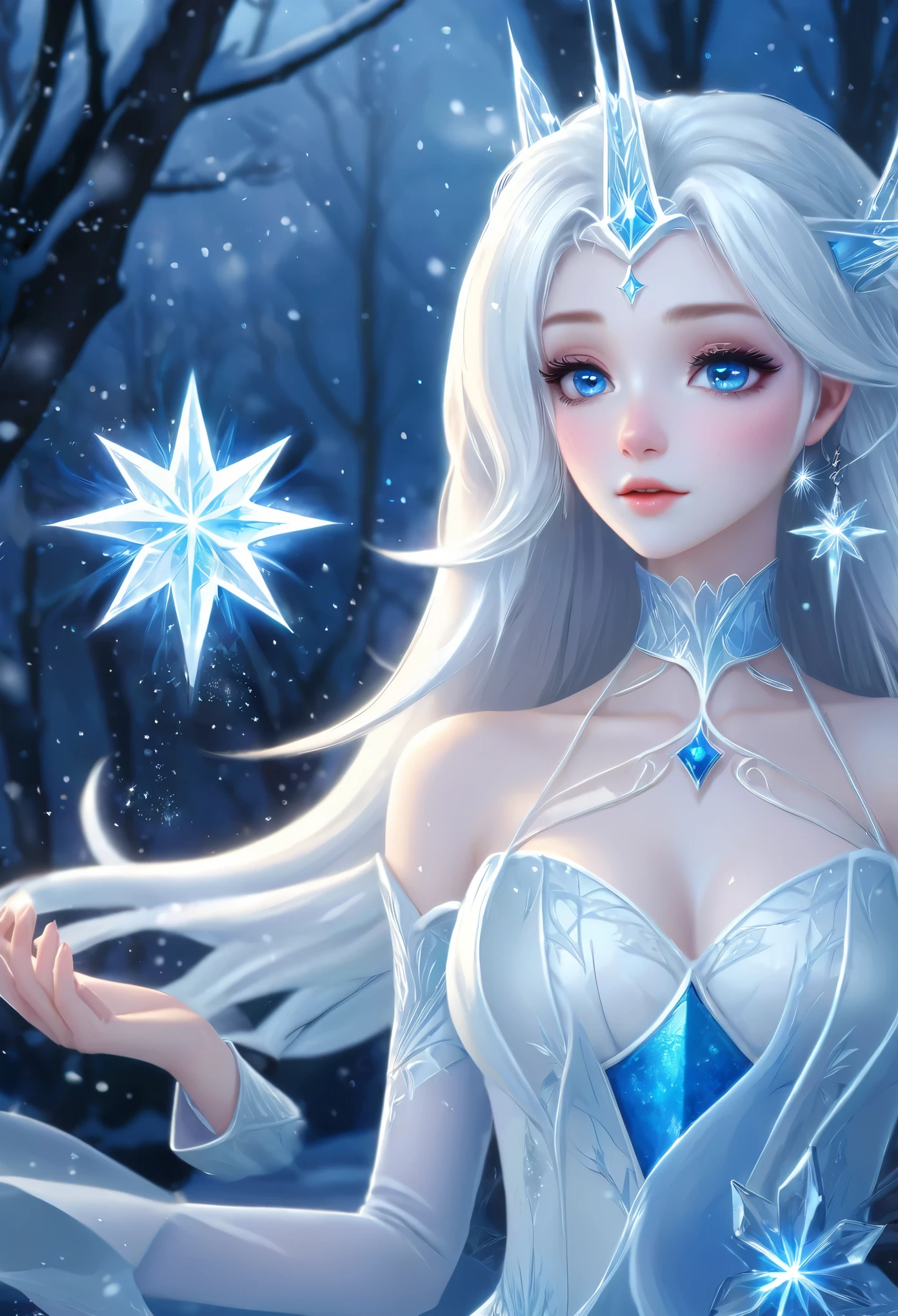 Anime girl with long hair and blue eyes,Holding a star in his hand, Frozen queen, ((beautiful fantasy queen)), anime goddess, Ice Witch, Pale white skin, Fantasy style anime, Ethereal Anime, beautiful fantasy queen, Beautiful and elegant elf queen, Ice and Storm Queen, Beautiful frost witch, Winter Princess, Fantasy art style, Ice Princess