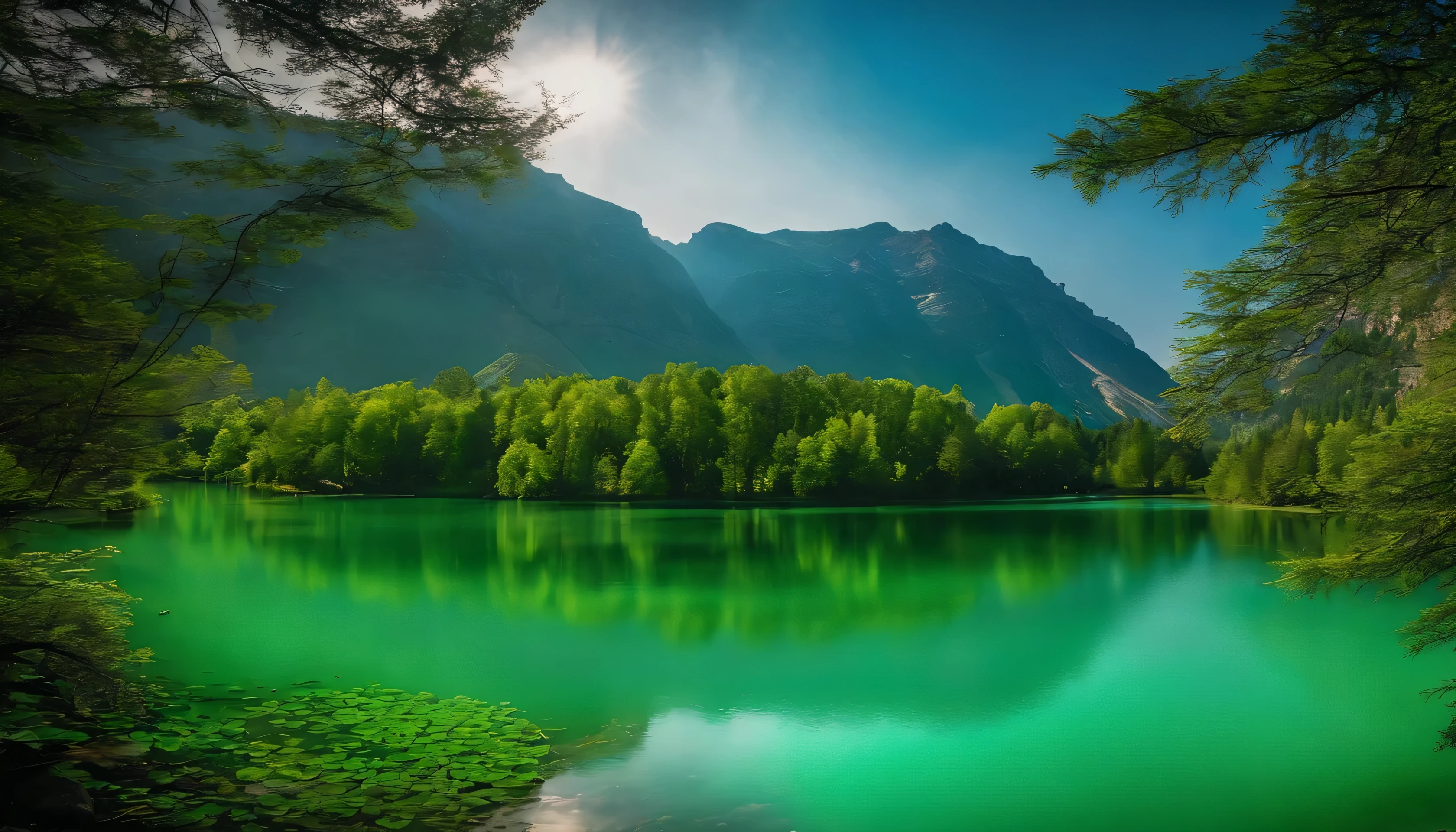 Clear light green lake water,Fantastic scene