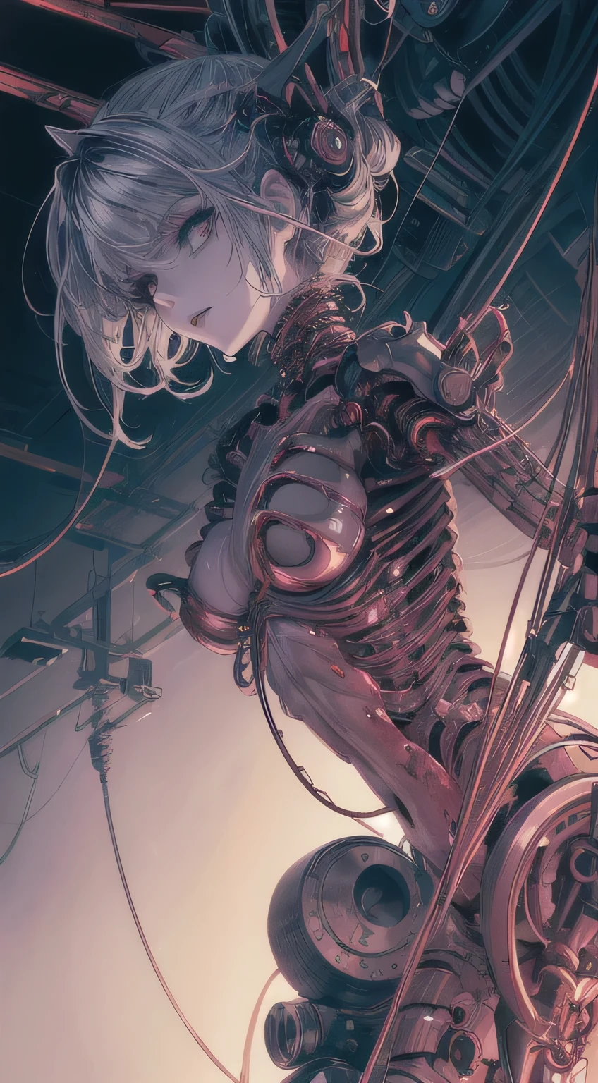 (((masterpiece))), ((highest quality)), (Super Detail), (CG illustration), (So evil and beautiful)), Cinematic Light, ((1. Mechanical Girl)), single, (Mechanical Arts: 1.4), ((Mechanical Limbs)), (Blood vessel attached to a tube), ((Mechanical spine attached to the back)), ((Mechanical cervical spine attached to the neck), (Back to viewers)), Expressionless, ( Wires and cables connected to the head and torso: 1.5), SF, Apocalypse, Remains, (Lower body integrated with mechanical device), (Blood: 1.5), Cruelty, Disorganized, eroticism, Integration with machines, The End Times, Super Future, inorganic, Research Room, Constraints, (Beautiful luxury: 1.2), (1 girl: 1.3), Body wrapped around the tentacles of the machine
