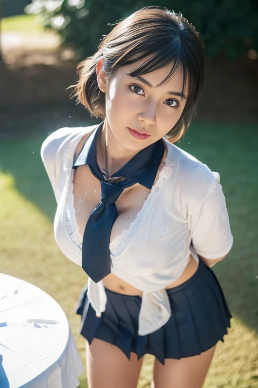 a Japanese girl walking in the School, School, White wall, Grey table, ((masterpiece)), ((highest quality)), ((Intricate and detailed)), ((Surreal)), Mature Woman, Mature Woman, perspective, Very detailed, figure, ((Natural beautiful breasts)), Perfect hands, Detailed fingers, Beautiful fine details, Medium Long Hair, Swollen eyes, School blazer, School shirt, School dark blue mini skirt, long School necktie, Earrings, Detailed Background, Perfect Eyes, Looking at the audience, from the front, White panties, Slender body, 168cm, Inverted nipples, Browsing Caution,masterpiece, top quality, super detailed, masterpiece, super high quality, top quality, close, realistic skin texture, detailed facial features, 17 year old Ukrainian beautiful girl photo, boyish and healthy girl, short hair, cowboy shot ,Bust shot, sweaty skin, (table top: 1.2), (shoot from below: 1.5), front angle, (from below: 1.4), (crotch focus: 1.2), (low angle: 1.2), micro miniskirt, beautiful lady, light brown hair, sparkling blue eyes, (big breasts), toned waist, curvaceous,((((rainy park, soaking wet)))), (white ultra-thin lingerie, wet (sticky to the skin), looking at the camera, big eyes, photogenic
