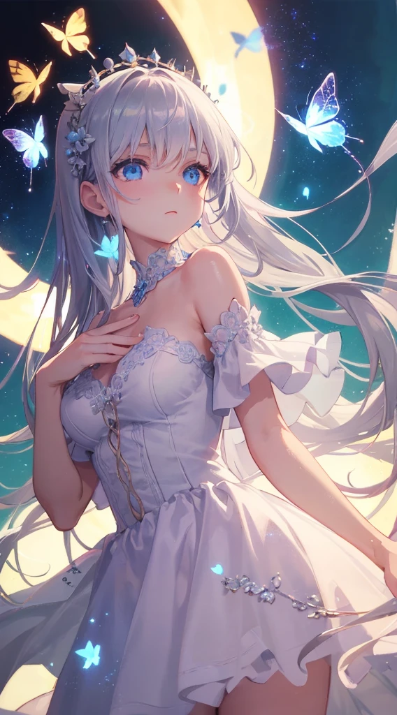 Art by Cornflower,The lens flare adds a nice touch,((highest quality)), ((masterpiece)), (Very delicate and beautiful),A girl with beautiful, detailed eyes,Silver long hair,blue eyes,White clothes,Lots of glowing butterflies,Beautiful fantasy anime,Bokeh,Magical colors and atmosphere,Soft Light,((Low - Angle)),From below