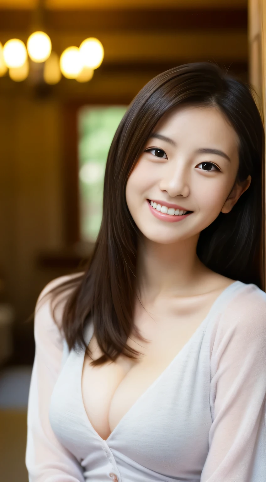 masterpiece,best quality,(Japanese ),((Beautiful girl)),cleavage,indoor,(perfect body beauty:1.2),(shy smile),beautiful teeth,