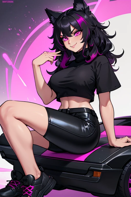 female, black long hair with magenta highlights, silver eyes, black wolf ears, black wolf tail (((1girl))), (((black turtleneck short sleeve t-shirt))), (black pants with magenta trim), (black shoes), (magenta cropped tracksuit jacket), cute and sexy, full body, large breasts, large butt, long legs, smiling