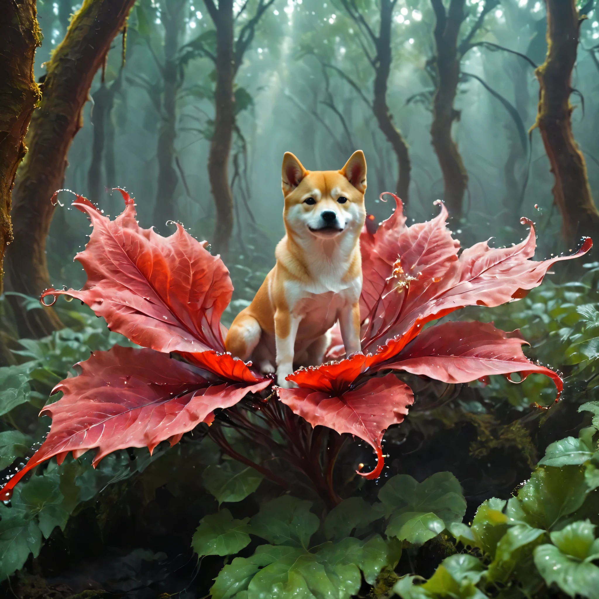 Shiba Inu,solo,in a forest,fractal leaves,ezh,flowers,,horrible,Blood,Dark,Weird