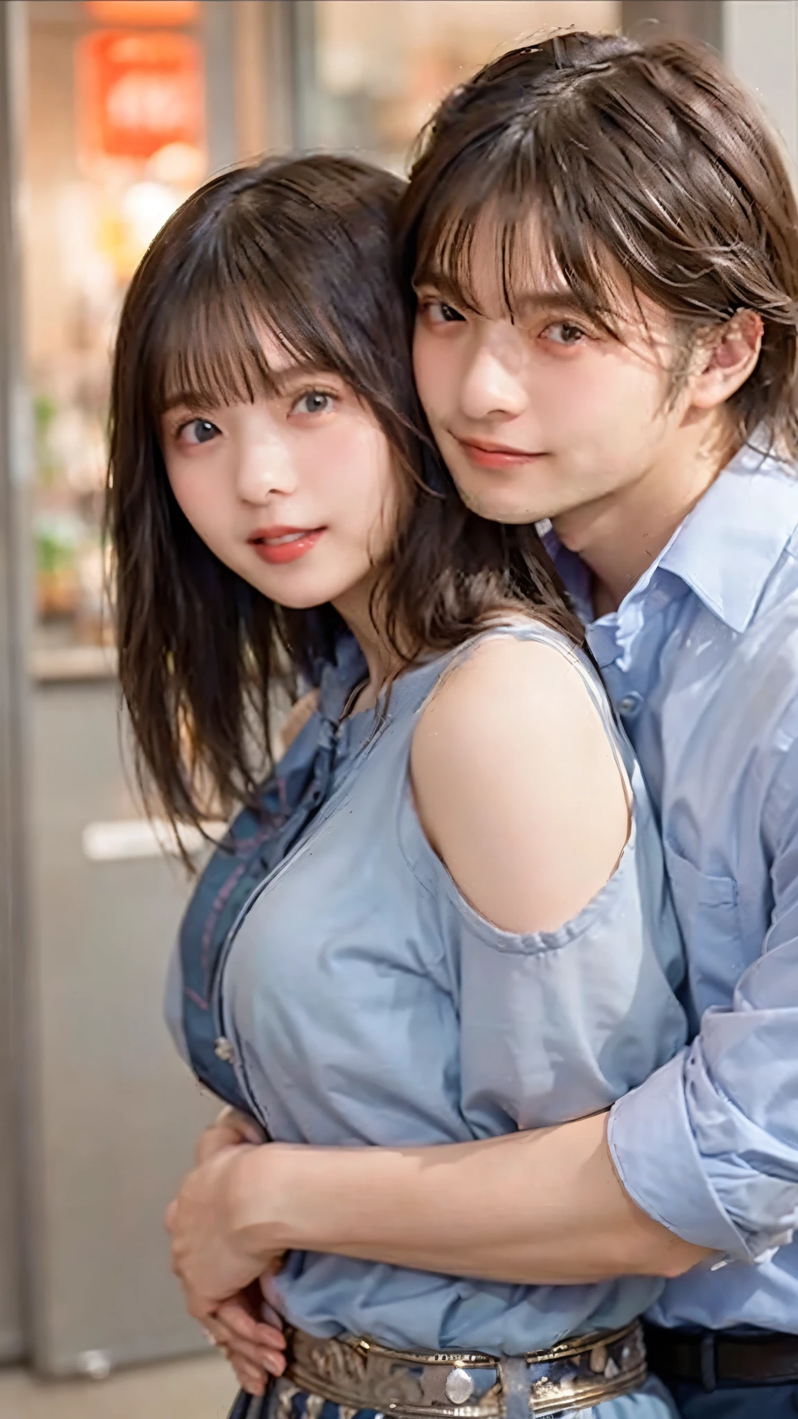 highest quality、4K quality、Caucasian woman in a blouse being hugged by a man、Small face、18-year-old、That woman is slim、Man grabs woman;Tighten your chest、Belly dance costume with bare shoulders、Open your mouth(1.6)