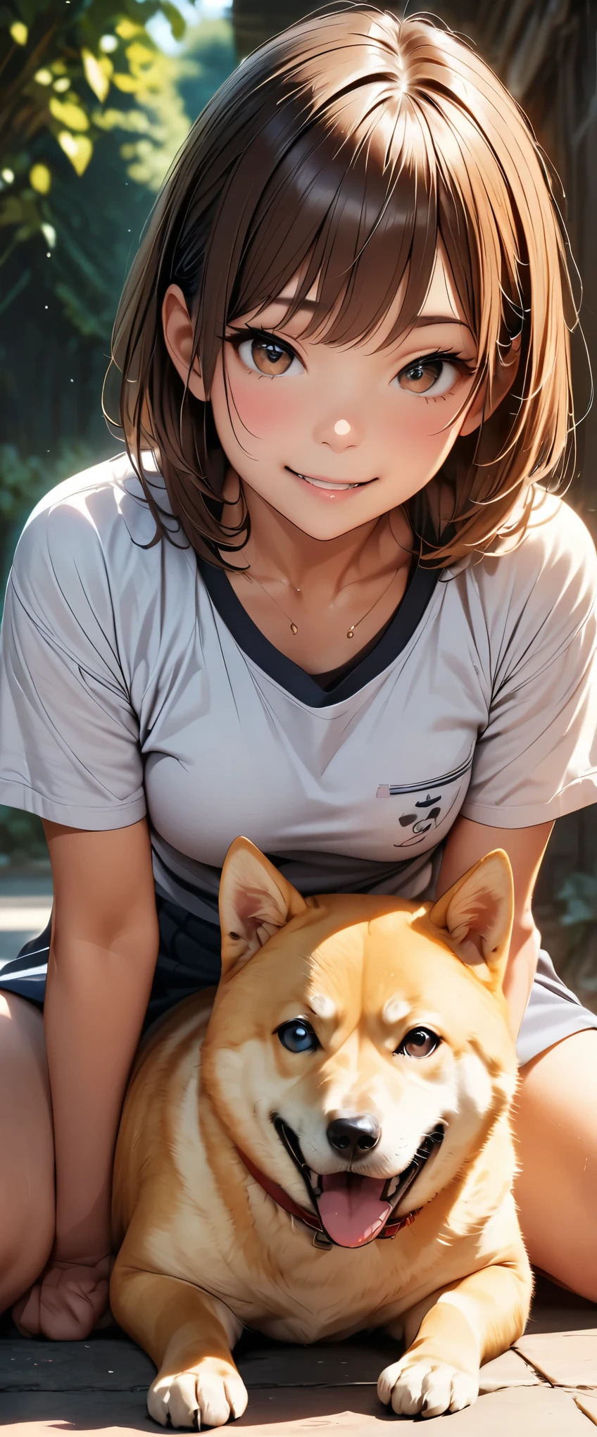 ((Masterpiece, top quality, high resolution)), ((highly detailed CG unified 8K wallpaper)), A Shiba Inu, ((masterpiece, highest quality, Highest image quality, High resolution, photorealistic, Raw photo, 8K)), ((Extremely detailed CG unified 8k wallpaper)), close up photo of a shiba, A woman playing with a Shiba Inu, Cute and sitting,