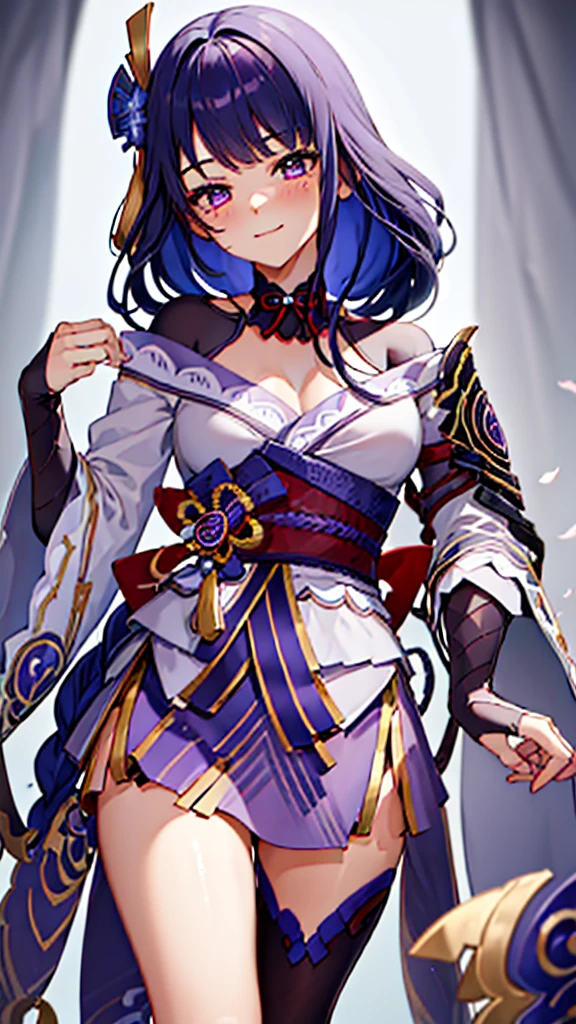 ((Masterpiece)), ((HD,)), ((aesthetic)), 《Raiden Shogun》, 《Genshin Impact》, cute face, blushing, smile