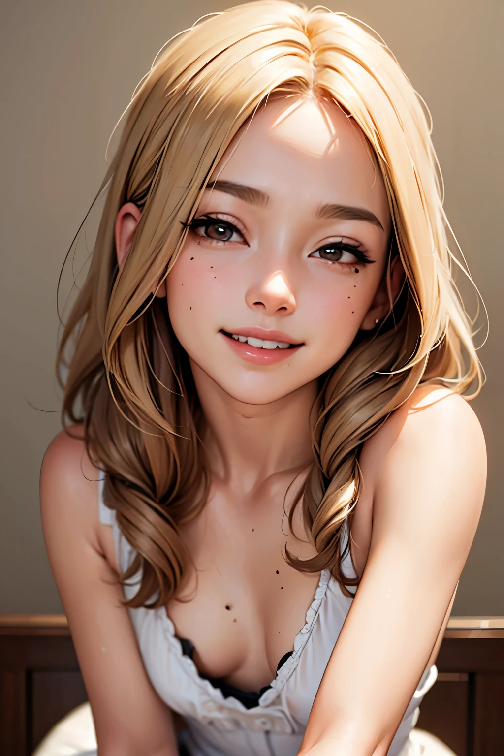 masterpiece, highest quality,Face-to-face audience, Upper body,Middle-aged women,Greek Goddess Attitude, Melon seed face, ((Long, narrow eyes)), Mole under the eye,Brown eyeball, Thin lips, blonde, Very long hair, Laugh with your mouth closed,40 year old mature woman, self-portrait, Simple Background,Thin legs,Close your eyes and smile