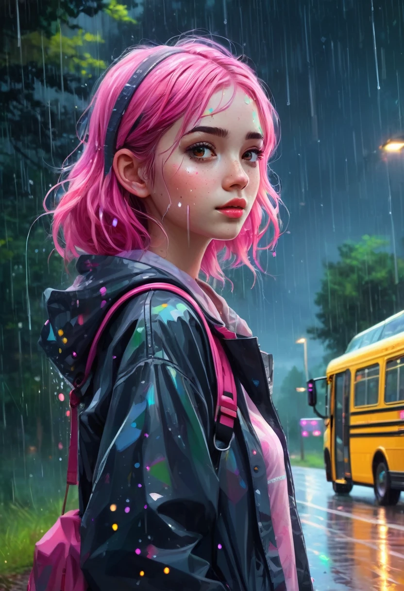 (girl waiting at the bus stop on a rural road while it rains and small, luminous glowing spirits come out of the forest), girl with a beautiful face, black and pink hair, defined details, messy school clothes, looking at the camera, "Generate an illustration in a style that blends organic shapes with geometric patterns, emphasizing vibrant colors and dynamic compositions."