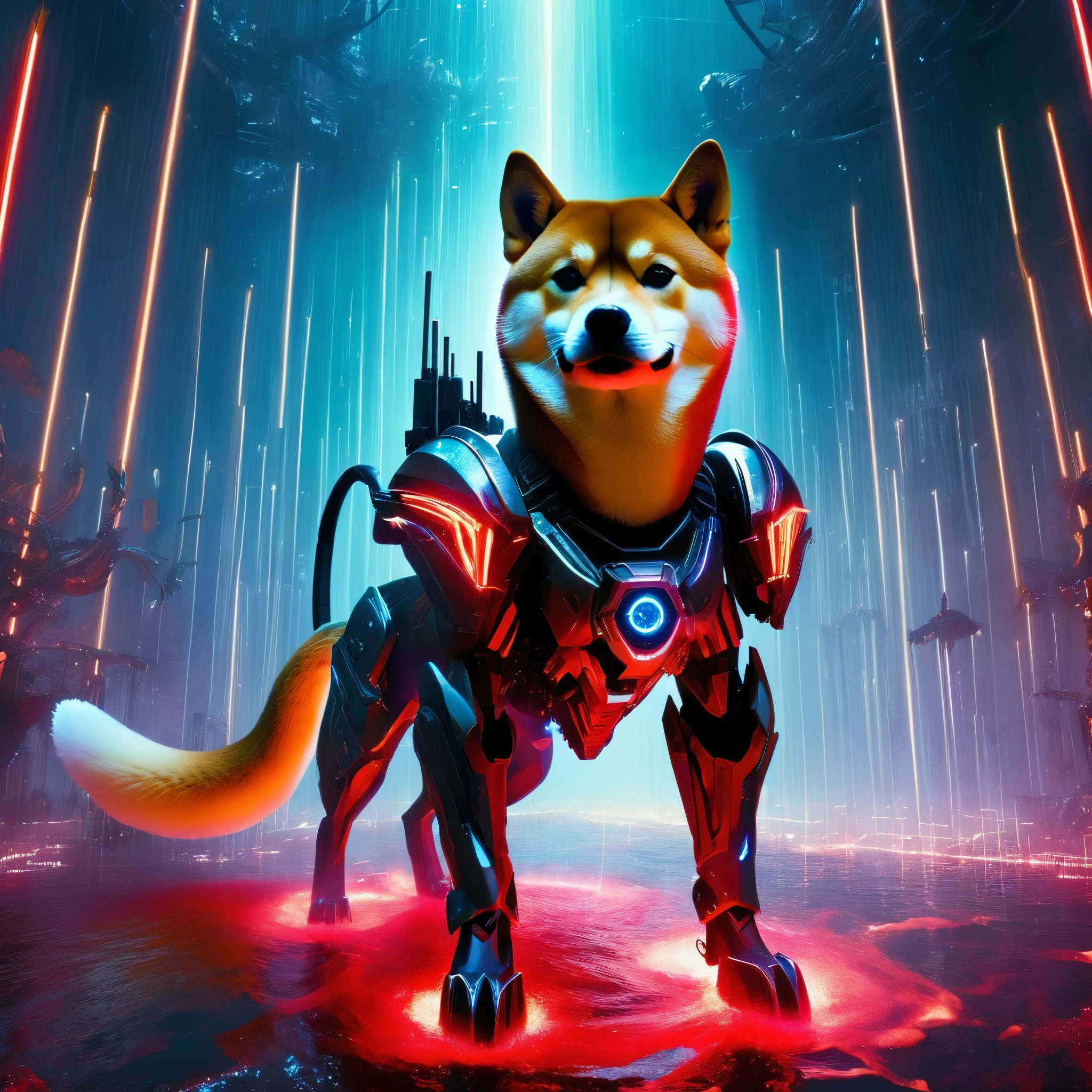 A Shiba Inu，Axisymmetric composition，Cyberpunk warrior in neon mecha armor， in a pool of blood，solo，Luminescence&#39;s light eyes，Devil&#39;s Wings，Wide-angle lens，biology，weird，Creepy，nightmarish，Very bright neon colors，Light Particles，Luminescence，Best Photo of the Year Winner，the world on fire，Post-apocalyptic hellscape， Epic Photo of the Yeare on the horizon，Epic movie shots，Pure form，Intricate details，8k，Post-production，high resolution，Super Detail