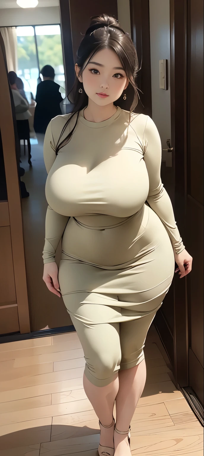 (Masterpiece,High Quality:1.3),(depth of field:1.3) ,((front body:1.35)),  Japanese ,Woman,chignon, Long Sleeve Round neck ,khaki T-shirt Maxi ((Tight)) Dress,(huge breasts:1.35),chubby,(looking at viewer:1.3),(full body:1.2), fat cheeks , UNO KANATANI 