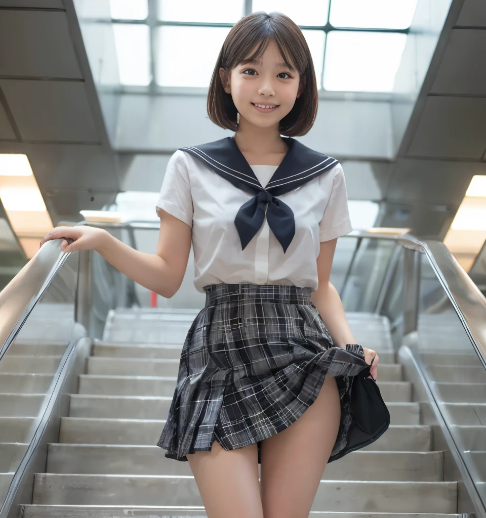 Highest quality、highest quality、Ultra-high resolution、masterpiece、8k、Clear photos、RAW Photos、escalator、smile、Whole Body Ezbian:1.2、A **************** in an elaborate sailor suit and pleated skirt:1.8、Very cute Japanese girl、Bobcut、 Lift up your short pleated skirt:1.8、escalatorの下の段から撮影、Show off your thighs:1.8