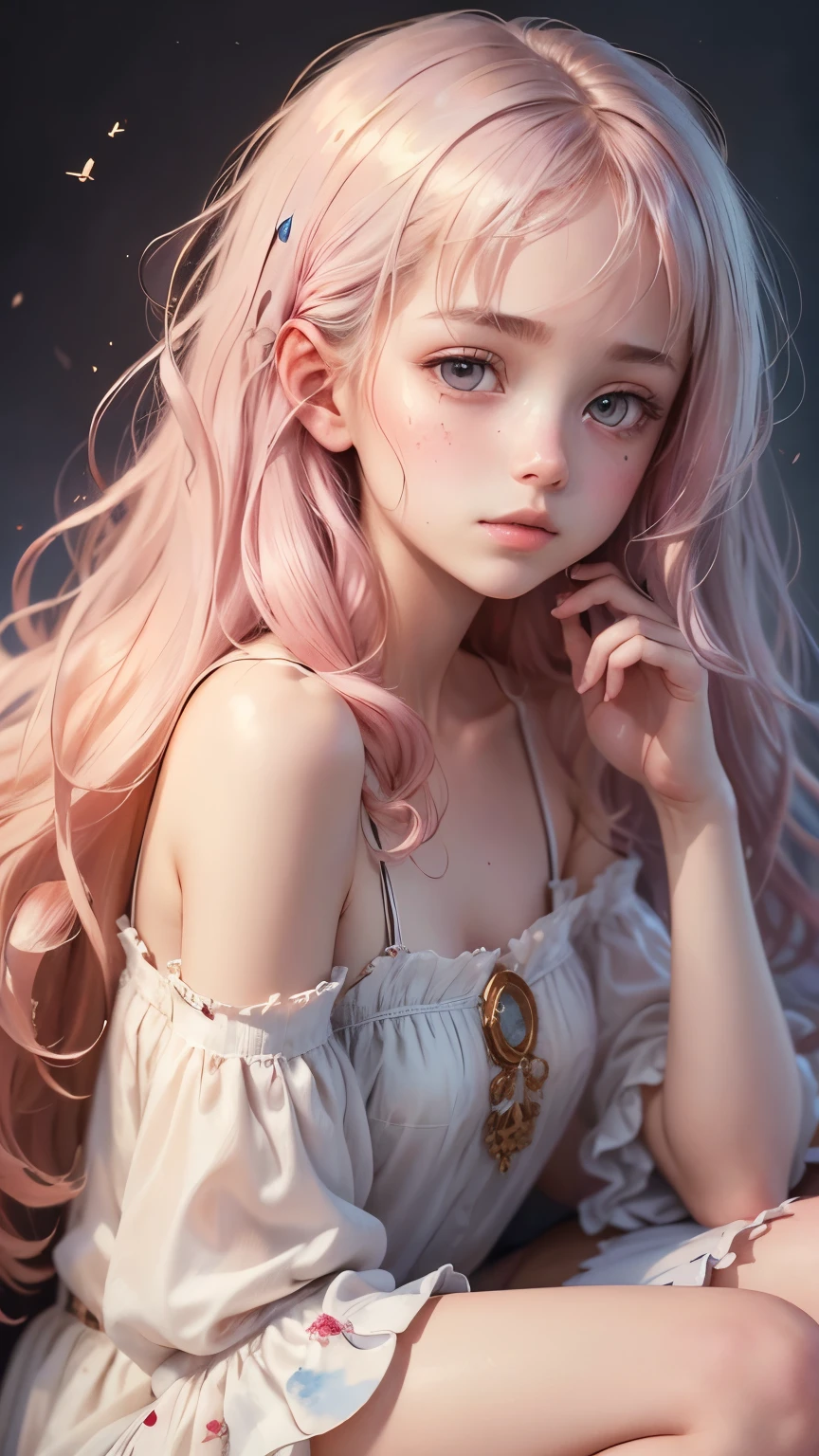 (Pieces fly),(highest quality:1.1),(Very detailed),Best illustrations,The finer details,(Portraits:1.1),(Watercolor)fluffy,1 girl,alone,,slim,(Very delicate and beautiful face),(Beautiful eyes in every detail),Pink thick lips,(Messy Hair),Soft and lazy,(Simple Background:1.2)Overall background color,Transparent parts,In 4K,Full Shot,Thin legs,