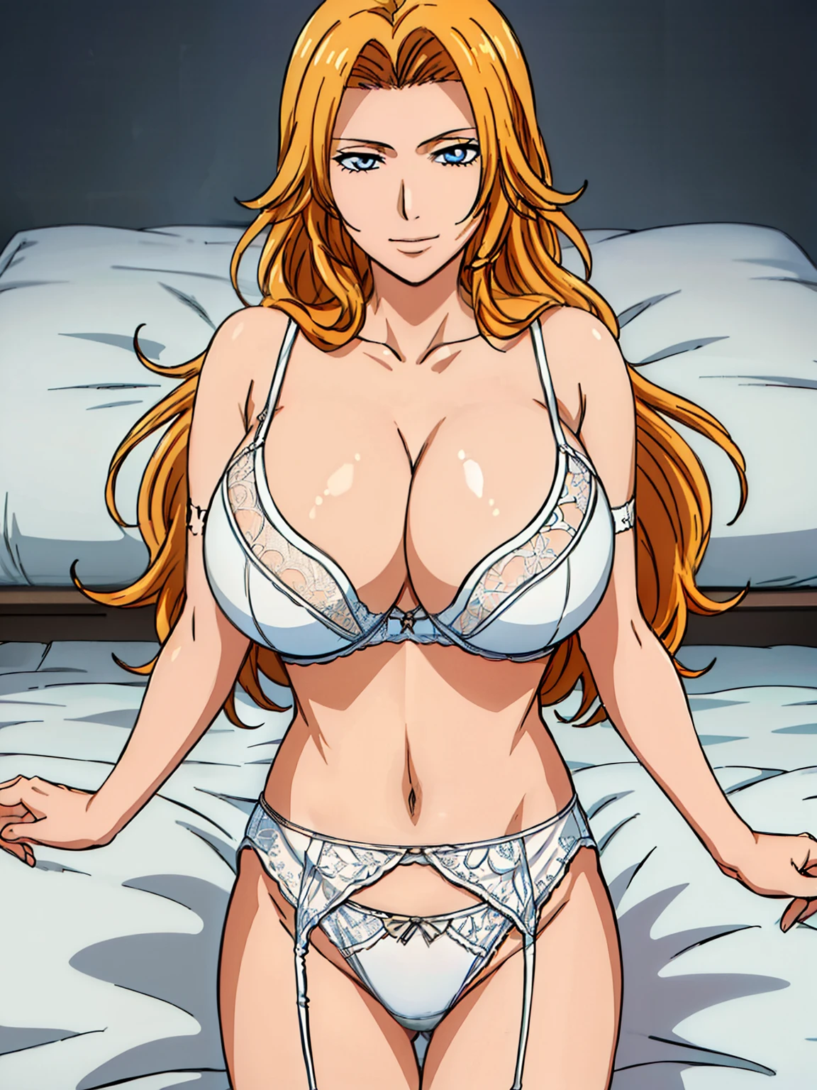 (POV Breast Grab), (viewer arms grabbing on breasts), bare shoulder, white lace bra, white lace panties, white garter belt, luxury bedroom background, matsumoto rangiku, anime cels style, best quality, high resolution, (huge breasts:1.3), cowboy shot, (potrait body), blue eyes, Blonde hair, bangs, Long hair, 1 girl, looking at viewer, beautiful face, Beautiful Finger, Beautiful long legs, Beautiful body, Beautiful Nose,Beautiful character design, light smile