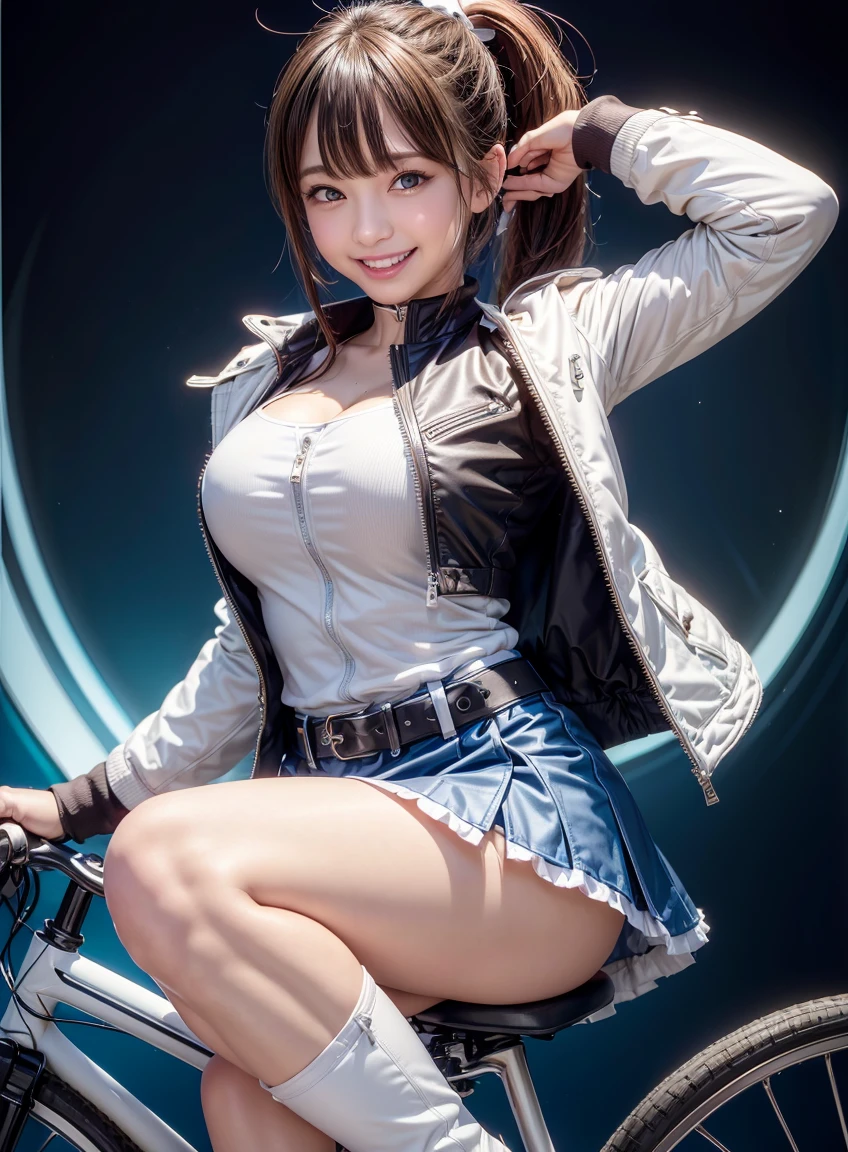 (highest quality:1.3), Highly detailed CG Unity 8k wallpaper, 32K, Realistic, Ultra-high resolution RAW photos, Beautiful and clear face, White skin, Real Skin, Finely textured fabric, Detailed hair texture, Perfect body, Beautiful Features, Accurate fingering, Anatomically correct, Highly detailed face and skin texture, One Girl, cute,Brown Hair, ((ponytail, Azure Eyes: 1. 2)), ((Smiling with white teeth:1.3))、Thick bangs、Sleeveless jacket、Open jacket、Pencil Skirt、White panties peeking out from under the skirt、Belt at waist、Knee-high boots、Leather gloves、((ride a bicycle、Pedal with your foot、Uber eats delivery man:1.1))