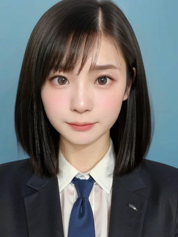 (kawaii 24 year-old Japanese girl, Nogizaka idol, Korean idol), (glossy black hair, short bob cut, aligned and symmetric hair design:1.3), (pure black eyes, rounded face, single eyelid, no makeup, serious expression:1.2), (wearing suit jacket, collared shirt, necktie:1.3), (extra small breasts:0.9), (looking at viewer:1.2), BREAK, (simple blue background, yearbook background:1.3), (portrait, id photo, bust shot, view from vertically straight forward:1.3), (keep enough top margin to avoid head cropping:1.3), BREAK, (masterpiece, best quality, photo realistic, official art:1.4), (UHD, 8K quality wallpaper, high resolution, raw photo, golden ratio:1.3), (shiny skin), professional lighting, physically based rendering, award winning, (highly detailed skin, extremely detailed face and eyes), Carl Zeiss 85 mm F/1.4, depth of field, 1girl, solo,