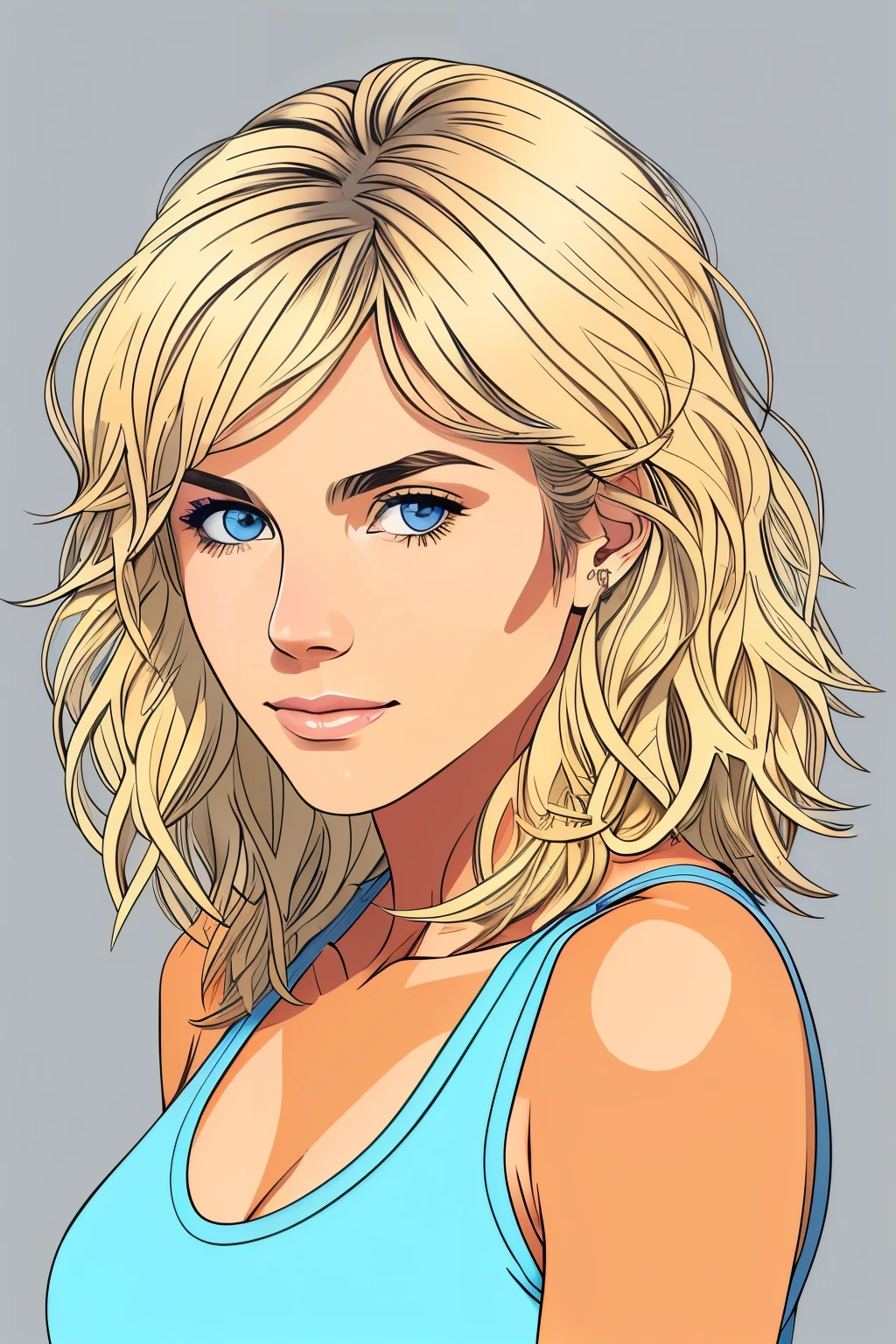 
Flat colors,close-up, portrait,  of a 25 year old surfer looking girl, tan skin, ([blue eyes]) Beach blonde salty hair, natural beaty, beautiful, casual, blue tank top, masterpiece, (([Simple grey background]))

