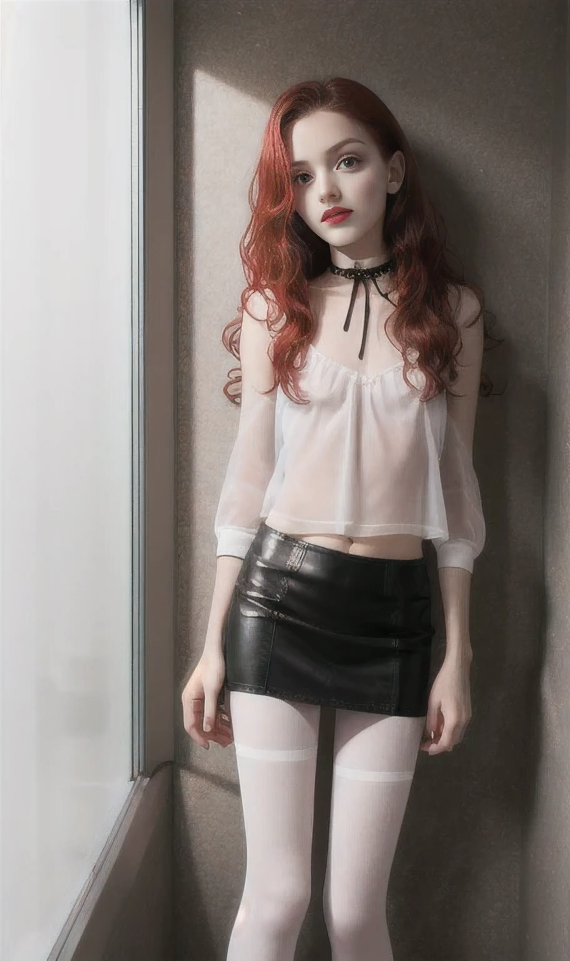 Photograph of an anorexic emaciated extremely skinny oriental female model, red nylon stockings or garters, hands on waist, black 6" wide choker on neck, no pants, no panties, tight cotton shirt, nipples protruding through top, red hair with ponytail, bright red lipstick, heavy black mascara eye lashes, full body photograph, incredibly skinny body, extremely skinny body, emaciated body, tiniest waist ever, well-defined collar bones, well-defined hip bones, well-defined ribcage, extremely skinny arms and legs, weak and fragile body, masterpiece, anatomically correct, textured skin, super detail, high details, high quality, best quality.