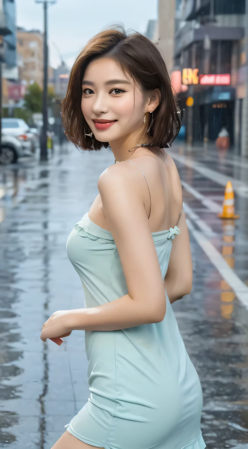 ((highest quality, 8k, masterpiece:1.3)), concentrated:1.2, Perfect body beauty:1.4, Hips:1.2, ((Layered Haircut, chest:1.2)), (Wet clothes:1.1) , (rain, street:1.3), Bandeau dress: 1.1, Highly detailed face and skin texture, Beautiful Eyes, double eyelid, Whitening skin, I&#39;m a little drunk,

20-year-old, 1 person, ((Beautiful female announcer,A kind smile:1.2)),
((Gorgeous Earrings, Long Necklace:1.2)), 

Ultra-detailed lips, Plump and moisturized lips, Glossy pink lips, Flushed Cheeks, ((White beautiful teeth)), 
Beautiful actress&#39;s languid make-up, Pink lipstick, Smoky eyeshadow, Eye foundation, 