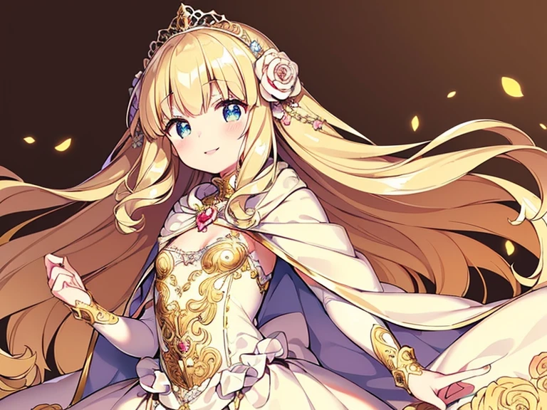 (kawaii),(best quality),(ultra detailed),(rococo style),(long train beige cape:1.15), very long cape,(long train beige ball gown with flower decorations), a girl is wearing a cape over her gown, 1 little princess, tiara with blue jewelry, smile, very long hair, small breasts, beautiful detailed eyes, beautiful detailed lips