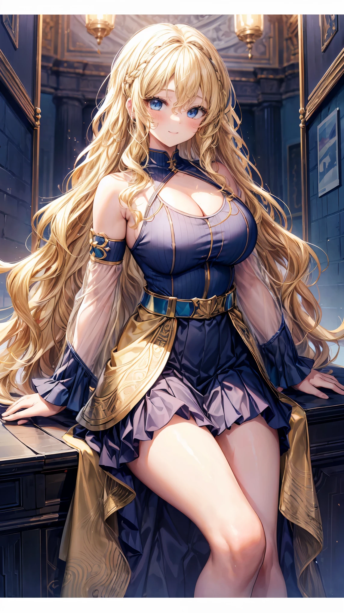 Very detailed、highest quality、Best image quality、masterpiece、8k、Anime Face、A kind smile、Open your mouth、Sparkling blue eyes、(Blonde wavy hair:1.5)、、Muscles of the whole body、Hands on hipini skirt、camisole、Thigh belt