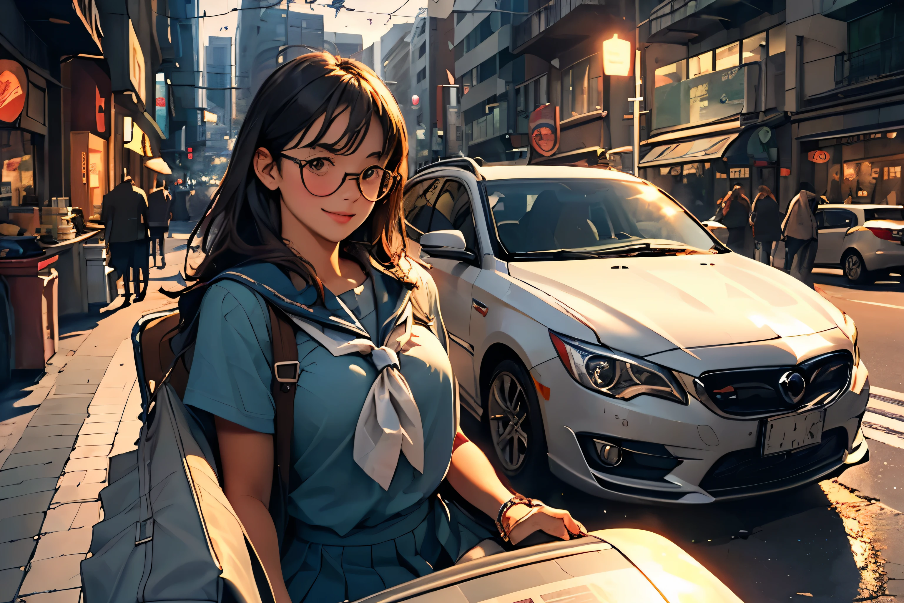 (best quality,ultra-detailed,realistic:1.37),((lots of cars),),(bird's eye view from above),(diagonal angle),(clear and clean air),(two lane road),(City lights reflect on the car),(at night),(Two persons),(Narrow sidewalks),(crowded with people:1.2),(Shop signboard on the sidewalk)(glossylots of cars),(girl and youngman),(two people in a car),(Two seater in a car), (a foreign car),(Passersby pass by on the sidewalk )In a busy downtown area at night, while passersby are bustling about, a middle school girl in a sailor uniform is riding in a foreign car driven by a man wearing sunglasses and an Hawaiian shirt, sticking her head out of the passenger seat and looking out at the street.