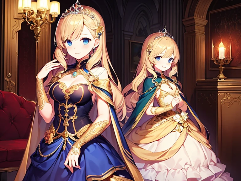 best quality,(long train cape:1.15),(long train ball gown with floral decoration:1.15), a girl is wearing a cape over her dress, anime style, rococo style, little princess, tiara, kind smile, very long hair, small breast, perfect fingers, masterpiece